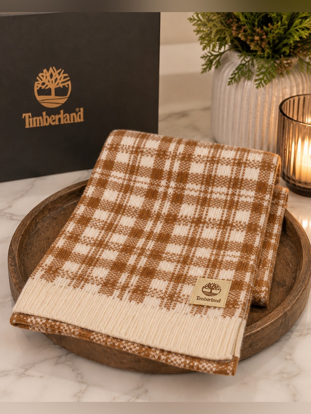 NWT Timberland Buffalo Plaid Knit Scarf – Wheat & Cream OS